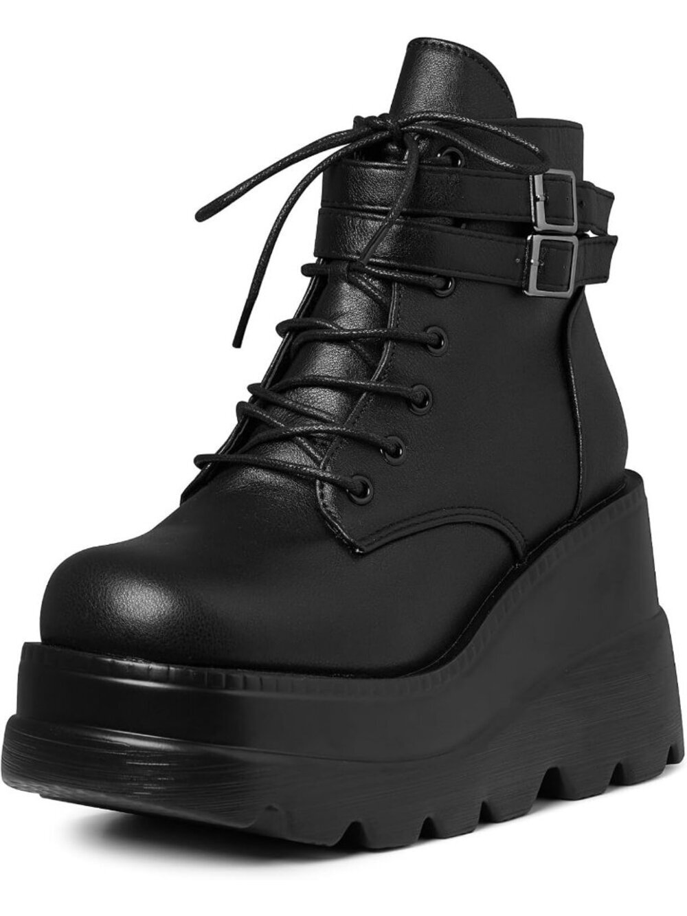 Women's Black Polyurethane Platform Chunky Stylish Lace Up Round Toe Ankle Boots